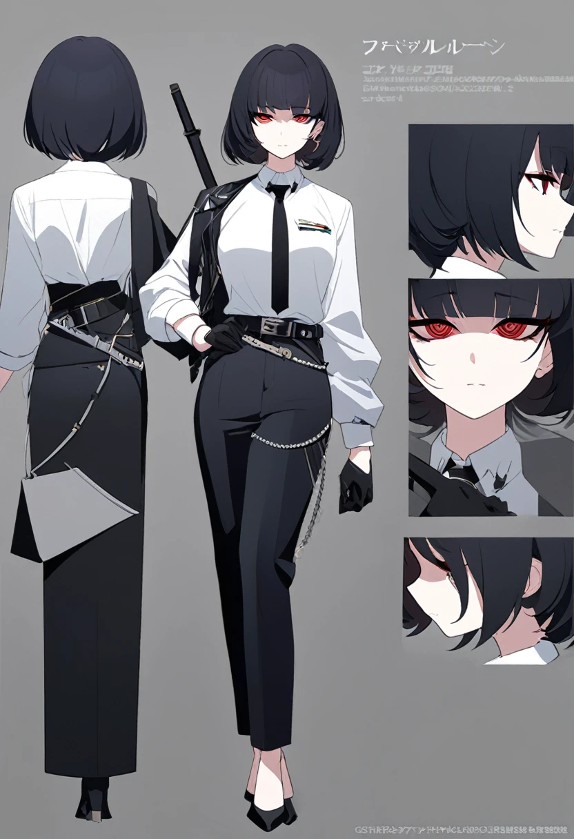 One woman,Dynamic,whole body,Are standing,mysterious,Concept Art,Character Design,Jet black straight hair,The bangs are trimmed to accentuate the eyes.,Well-proportioned face,Sharp Eyes,White shirt,Black tie,Black slacks,Silver cufflinks on the left hand,On the ring finger of her right hand she wears a simple silver ring.。Luxury watches,Black leather shoes,beltでウエストラインを強調,Arknights Wind,Stylish,Red eyes,belt,Stylish,Simple background gray,Details,Okabo Hair,Half-open eyes,Cool appearance,,Black gloves,Short Hair,Narrow eyes,