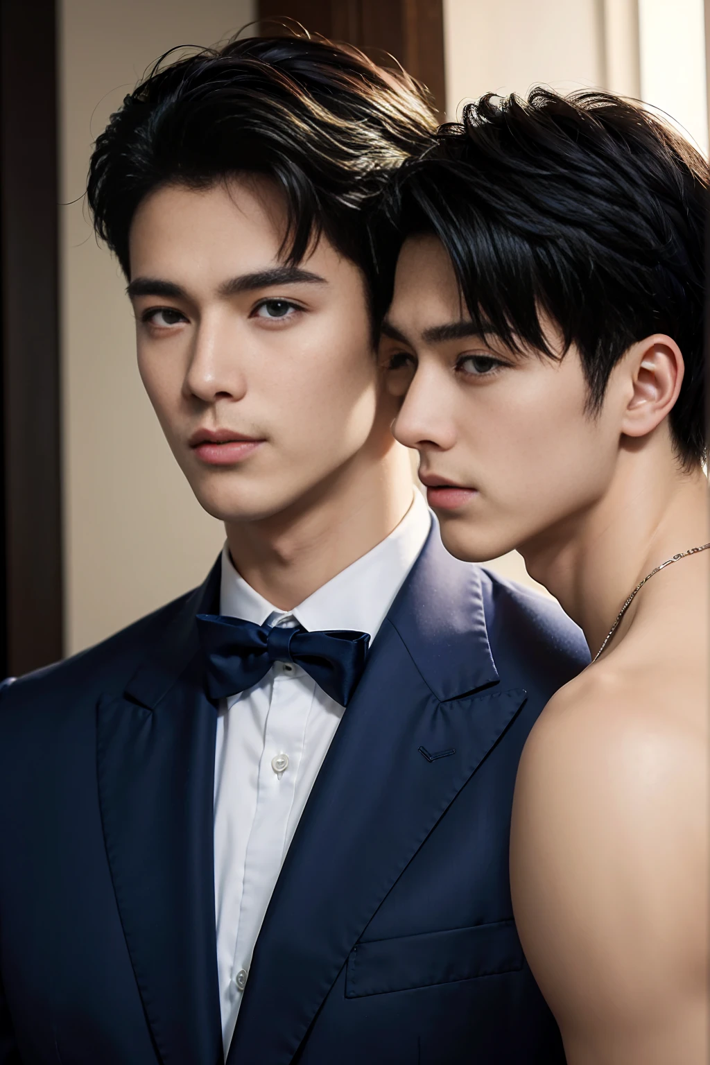 ((masterpiece)),((best quality)),8K,High Detail,Very detailed, Very manly,2 men, like,fashion pose, Real skin texture, Light,
Royal blue style couple