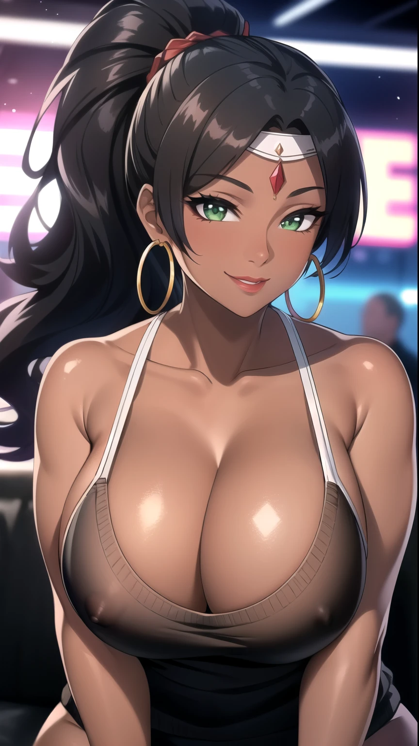 (masterpiece, High resolution, Highest quality:1.3), Professional artwork, 8K, Very detailed, complicated, Vivid image, Sharp focus, Trending on pixiv
Aishwaryalei, alone, Mature Woman, 40 years old, Mature Woman, Curvy, (Dark Skinned female:1.2), (Dark Skin:1.1), Pause, smile, バックPause,
Black Hair, Long Hair, ponytail, (Hair on one eye:0.8), Circlet, Red lips, compensate, Green Eyes, Hoop Earrings, Perfect Eyes, Perfect Face, Ultra detailed hair, Detailed face,
, Virgin Killer Sweater, Shiny, indoor, Nightclub,
Curvy, (Thighs:0.7), Nipple slip, Huge breasts, Cleavage,