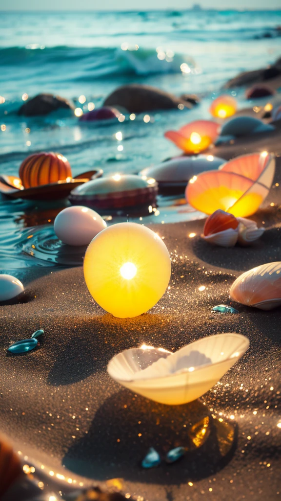 Summer Dream，Translucent shells，Colorful seaside，Dreamy lighting，The scattered water drops float in the air and sparkle in the sun，HD，Details，Best quality