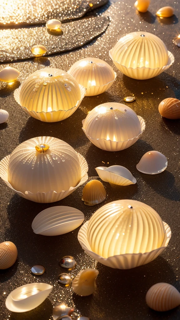 Summer Dream,Translucent shells,Colorful seaside,Dreamy lighting,The scattered water drops float in the air and sparkle in the sun,HD,Details,Best quality