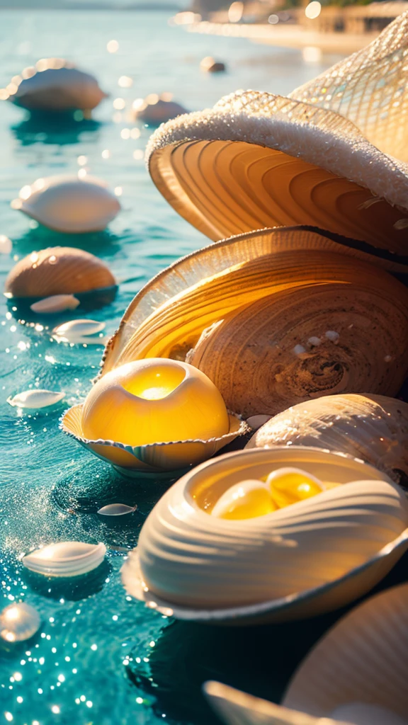 Summer Dream，Translucent shells，Colorful seaside，Dreamy lighting，The scattered water drops float in the air and sparkle in the sun，HD，Details，Best quality