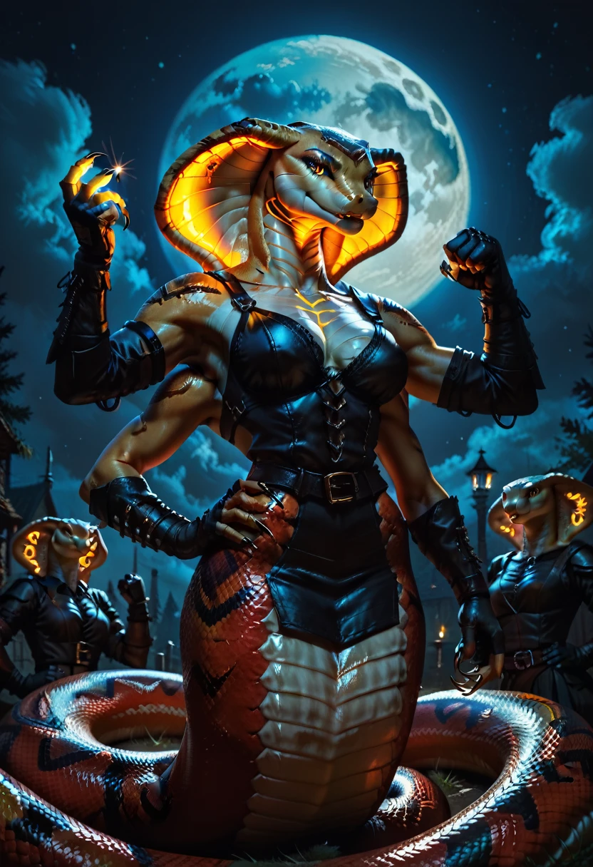 score_9, score_8_up, score_7_up, score_6_up, Anthro, girl, cobra, cobra hood, lamia, snake tail, glowing yellow eyes, (Four Arms:1.3), medieval, two arms on hip, cxqz8r, night, fullmoon, fighting_stance, claws