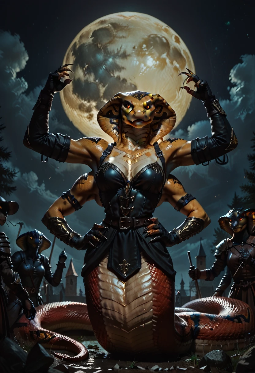 score_9, score_8_up, score_7_up, score_6_up, Anthro, girl, cobra, cobra hood, lamia, snake tail, glowing yellow eyes, (Four Arms:1.3), medieval, two arms on hip, cxqz8r, night, fullmoon, fighting_stance, claws