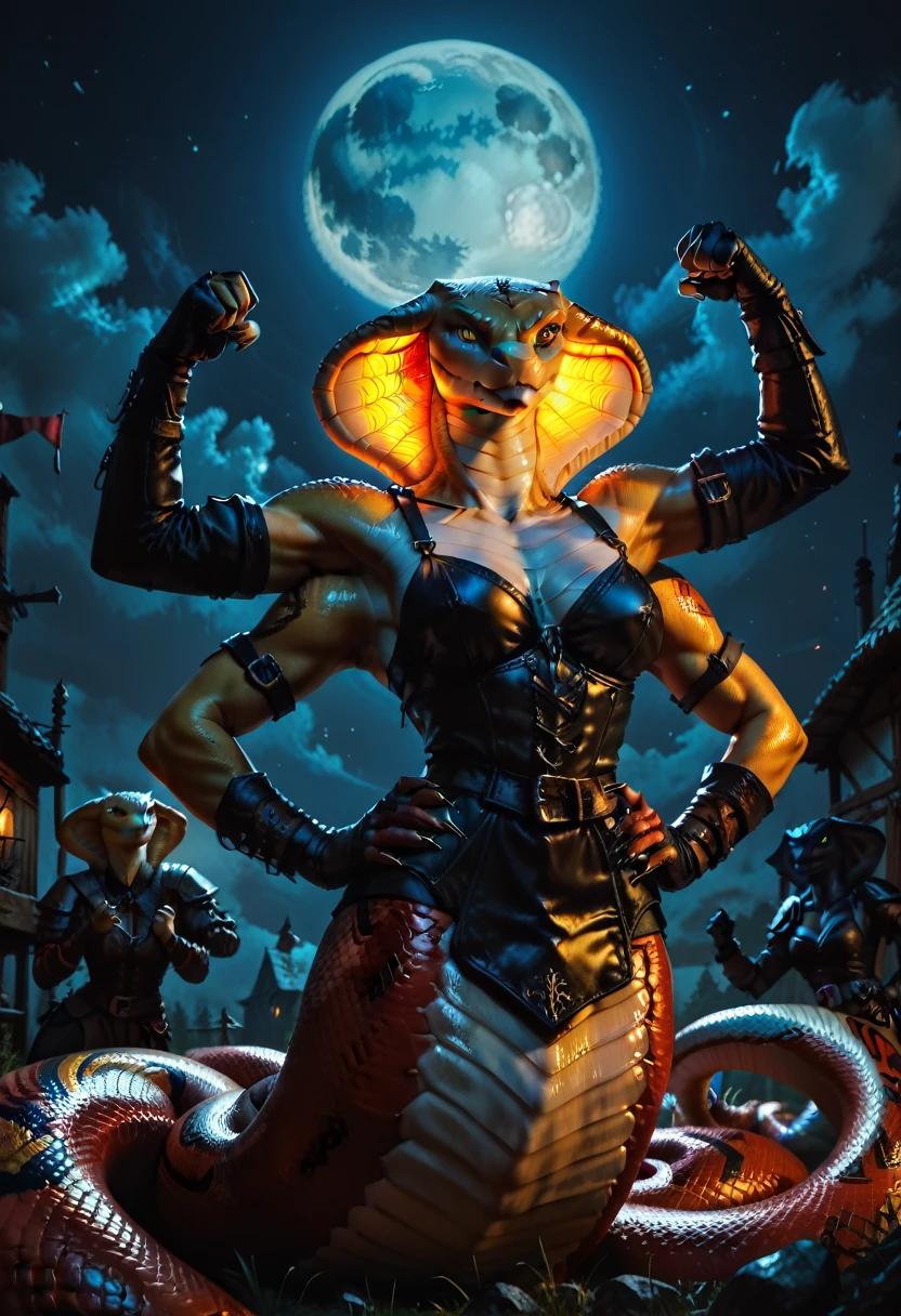 score_9, score_8_up, score_7_up, score_6_up, Anthro, girl, cobra, cobra hood, lamia, snake tail, glowing yellow eyes, (Four Arms:1.3), medieval, two arms on hip, cxqz8r, night, fullmoon, fighting_stance, claws