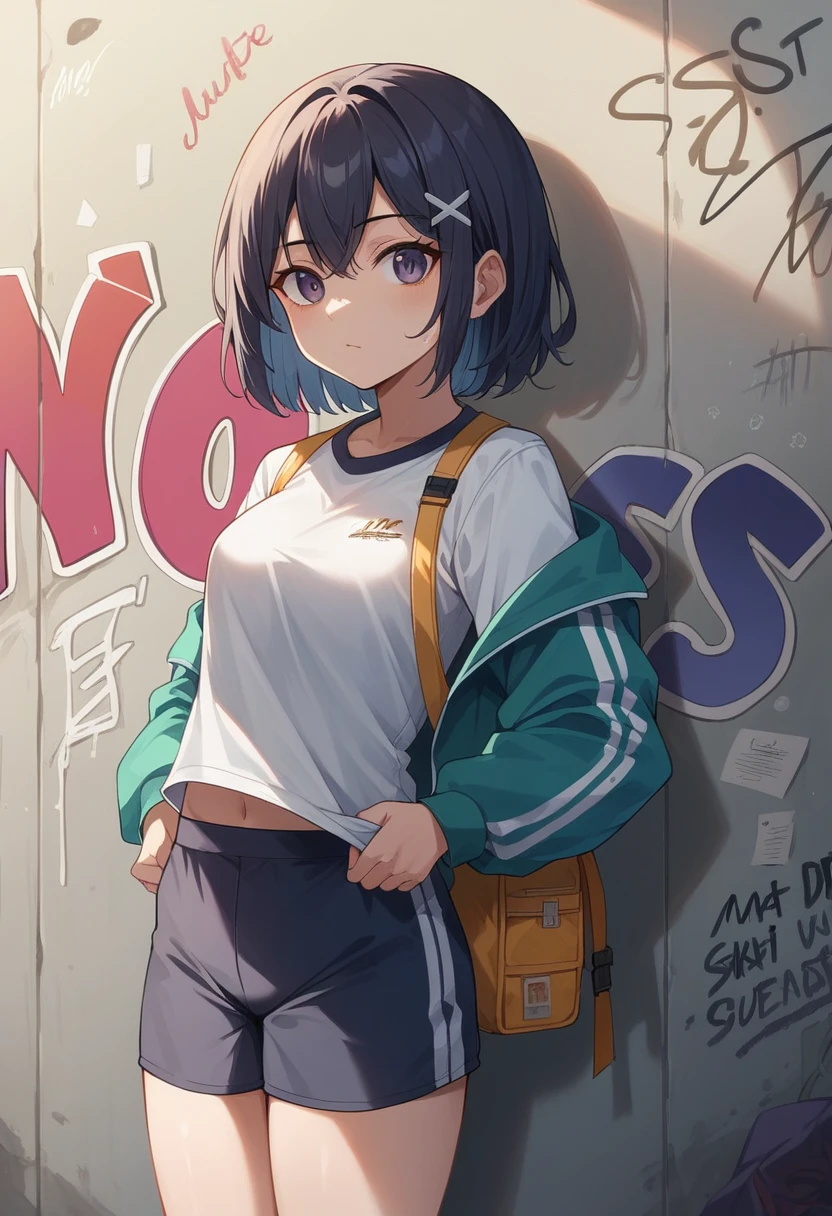 (The best quality), masterpiece, Extremely detailed 8K uniform CG illustration, high color, extremely high color saturation, All colors deepened, smart, Graffiti art, center composition, Extremely detailed light and shadow, Graffiti wall, wall smarted bright, 1 girl graffiti 1 girl looking at the wall, Extremely detailed face and eyes, Medium length hair, Sportswear, colored clouds