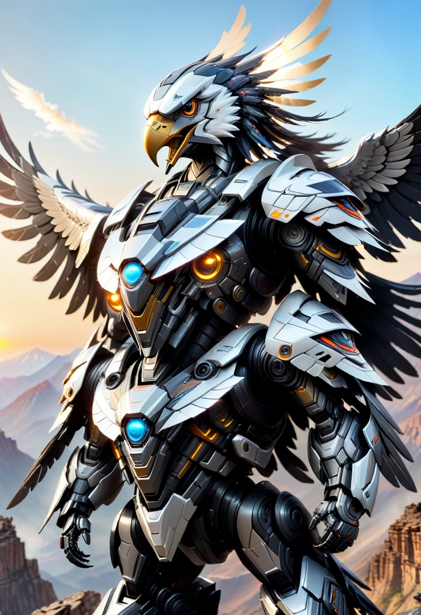 **Image Prompt:** "A futuristic Apache warrior, clad in a sleek mecha suit, stands proudly on a mountain cliffside, with a majestic eagle drone perched on his shoulder. The mecha's metallic body is adorned with intricate details and glowing blue accents, while the eagle drone's wings are spread wide, as if ready to take flight. The background is a stunning mountain range, with rugged peaks and valleys stretching out as far as the eye can see. The lighting is dramatic, with the warm glow of the setting sun casting long shadows across the landscape. The bokeh effect is subtle, with a soft focus on the mecha and the eagle drone, while the background is blurred, creating a sense of depth and dimensionality. The overall effect is one of hyper-realism, with every detail meticulously rendered in high-definition." **Image Specifications:** * Resolution: 3840x2160 pixels (4K) * Color Palette: Metallic blues and silvers, with warm earth tones and pops of bright colors from the mecha's details and the eagle drone's feathers * Style: Hyper-realistic, futuristic, and dramatic * Composition: The Apache warrior is centered in the frame, with the mountain cliffside stretching out behind him * Lighting: Dramatic, with a focus on the warm glow of the setting sun * Mood: Powerful, majestic, and awe-inspiring * Camera: DSLR camera with a wide-angle lens, capturing the stunning vista of the mountain range in the background This image prompt combines the rich cultural heritage of the Apache people with the futuristic design of a mecha suit and the majestic beauty of an eagle drone. The result is a hyper-realistic image that is both visually stunning and emotionally impactful.