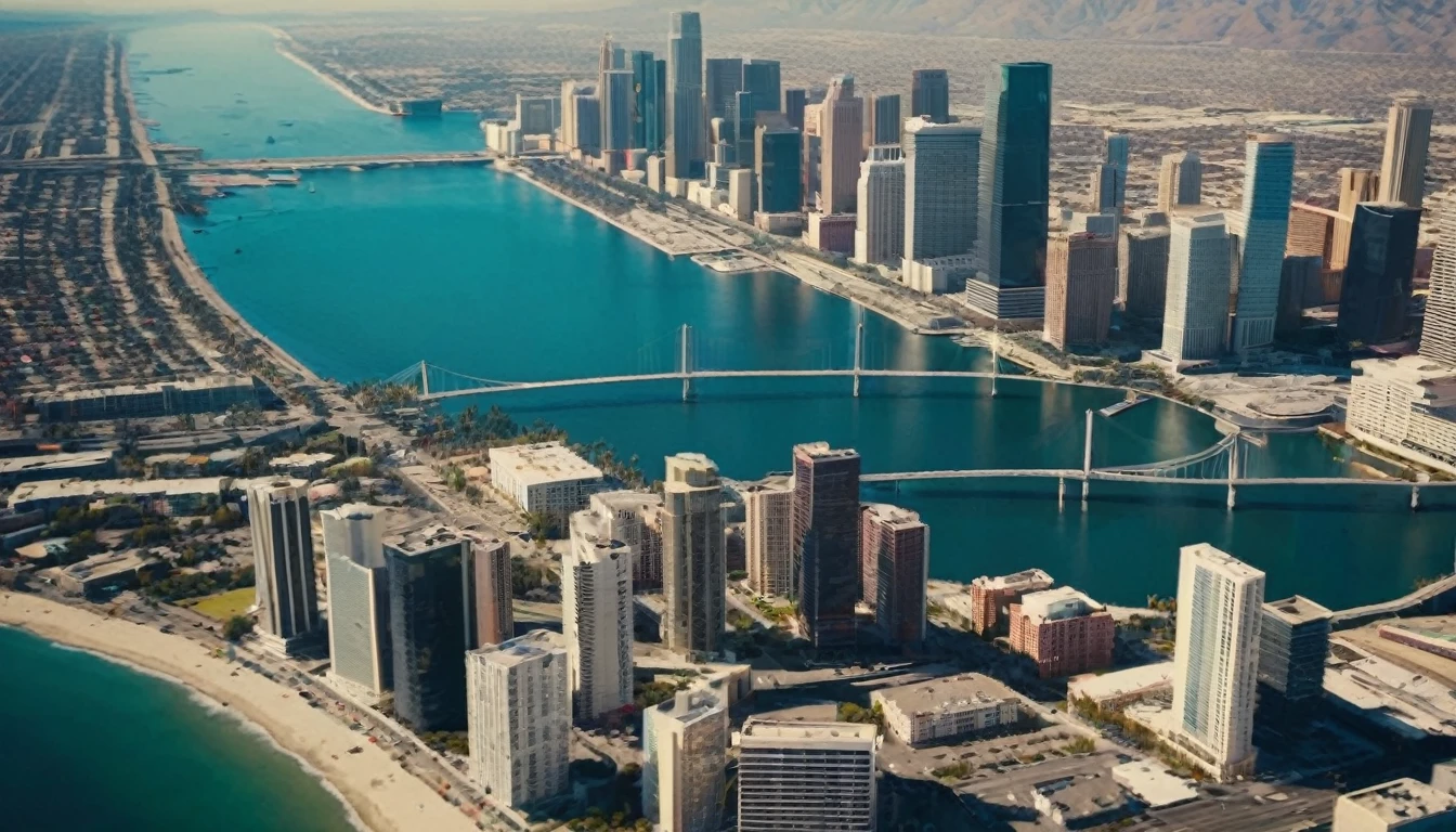 high angle view from above Los Angeles, California in 3060. The dysoptian city is divided by a river into two parts, futuristic cyberpunk styled bridges connect the two parts of the megacity, different styled buildings along the riverside. The crashing blue waters create white-tipped waves while the sun illuminates the shore. The futuristic city with many different colored materialed and shaped complex constructioned houses and skyscrapers, huge skyscrapers in the background, bustling city with highly intricate details and photorealistic materials. Consistent structure of the buildings, static environment, volumetric lighting, best shadows. Photorealistic Reflections on the water, realistic splashing waves, real water surface. This is a view that captures the raw beauty of the coast and the rugged landscape.Photorealistic Reflections.Natural lights, neutral colors, lomochrome,dramatic, dynamic composition. Consistent structure of the buildings, static environment,consistent movement of the camera.Contrast lighting, volumetric lighting, best shadows,sharp focus, depth pf field, Screengrab a 1950s Super Panavision 70 film, in color. Best shadows, best quality. Lifelike textures, sharp focus, depth of field, realism, photorealism, vintage color tones, cinematic lighting, contrast lighting, soft front light, insanely intricate details, hdr, uhd, 8k, 35 mm film, analog camera shot. Realism, Cinematic, Photoreal,Panavision 70s movie styled in color, celluloid, uhd, hdr, 4k, 35mm film