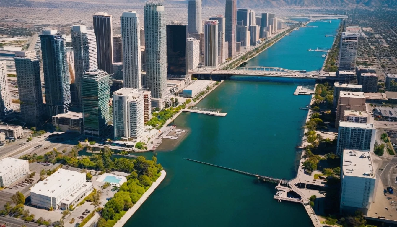 high angle view from above Los Angeles, California in 3060. The dysoptian city is divided by a river into two parts, futuristic cyberpunk styled bridges connect the two parts of the megacity, different styled buildings along the riverside. The crashing blue waters create white-tipped waves while the sun illuminates the shore. The futuristic city with many different colored materialed and shaped complex constructioned houses and skyscrapers, huge skyscrapers in the background, bustling city with highly intricate details and photorealistic materials. Consistent structure of the buildings, static environment, volumetric lighting, best shadows. Photorealistic Reflections on the water, realistic splashing waves, real water surface. This is a view that captures the raw beauty of the coast and the rugged landscape.Photorealistic Reflections.Natural lights, neutral colors, lomochrome,dramatic, dynamic composition. Consistent structure of the buildings, static environment,consistent movement of the camera.Contrast lighting, volumetric lighting, best shadows,sharp focus, depth pf field, Screengrab a 1950s Super Panavision 70 film, in color. Best shadows, best quality. Lifelike textures, sharp focus, depth of field, realism, photorealism, vintage color tones, cinematic lighting, contrast lighting, soft front light, insanely intricate details, hdr, uhd, 8k, 35 mm film, analog camera shot. Realism, Cinematic, Photoreal,Panavision 70s movie styled in color, celluloid, uhd, hdr, 4k, 35mm film