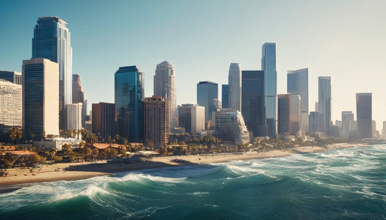 high angle view from above Los Angeles, California in 3060. The dysoptian city is divided by a river into two parts, futuristic cyberpunk styled bridges connect the two parts of the  megacity, different styled buildings along the riverside. The crashing blue waters create white-tipped waves while the sun illuminates the shore.  The futuristic city with many different colored materialed and shaped complex constructioned houses and skyscrapers, huge skyscrapers in the background, bustling city with highly intricate details and photorealistic materials. Consistent structure of the buildings, static environment, volumetric lighting, best shadows. Photorealistic Reflections on the water, realistic splashing waves, real water surface. This is a view that captures the raw beauty of the coast and the rugged landscape.Photorealistic Reflections.Natural lights, neutral colors, lomochrome,dramatic, dynamic composition. Consistent structure of the buildings, static environment,consistent movement of the camera.Contrast lighting, volumetric lighting, best shadows,sharp focus, depth pf field, Screengrab a 1950s Super Panavision 70 film, in color. Best shadows, best quality. Lifelike textures, sharp focus, depth of field, realism, photorealism, vintage color tones, cinematic lighting, contrast lighting, soft front light, insanely intricate details, hdr, uhd, 8k, 35 mm film, analog camera shot. Realism, Cinematic, Photoreal,Panavision 70s movie styled in color, celluloid, uhd, hdr, 4k, 35mm film