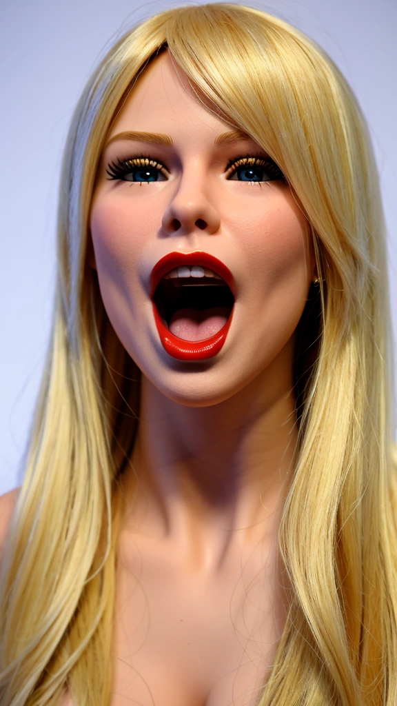 Blonde sex doll, real doll, mouth open in an O shape