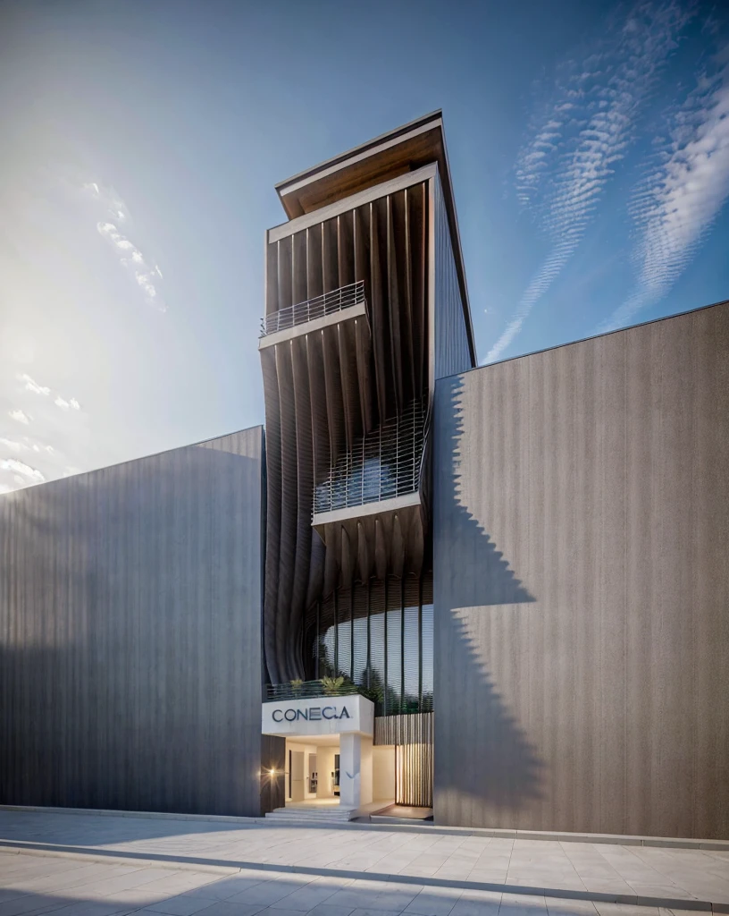 3dsmax render, Realistic Photo, palm tree, Provide a highly detailed visual description of the exterior facade, focusing on the flowing, curved wave shapes and how they create a dynamic, sculptural look, Describe the overall massing, scale, and grandeur of the building's design, Discuss how the undulating facade interacts with light and shadow to create a sense of movement, Note any distinctive architectural features like the entrance, canopies, etc. that reinforce the wave design motif, Describe the interior spaces and how they relate to the exterior sculptural form, Use vivid descriptive language to convey a sense of awe and appreciation for the innovative, creative design, Analyze how the building defies conventional design norms yet achieves functionality, Contextualize it as an iconic addition to the cityscape and a new landmark, Discuss the broader significance of the design as pushing boundaries in modern architecture