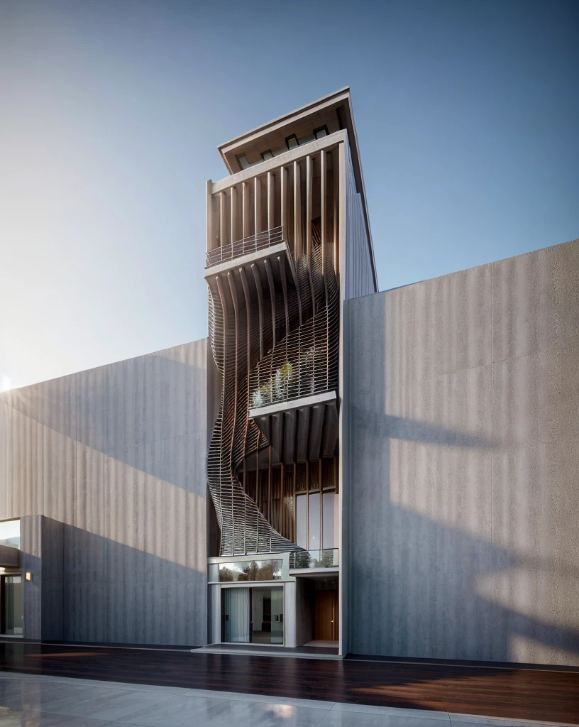 3dsmax render, Realistic Photo, palm tree, Provide a highly detailed visual description of the exterior facade, focusing on the flowing, curved wave shapes and how they create a dynamic, sculptural look, Describe the overall massing, scale, and grandeur of the building's design, Discuss how the undulating facade interacts with light and shadow to create a sense of movement, Note any distinctive architectural features like the entrance, canopies, etc. that reinforce the wave design motif, Describe the interior spaces and how they relate to the exterior sculptural form, Use vivid descriptive language to convey a sense of awe and appreciation for the innovative, creative design, Analyze how the building defies conventional design norms yet achieves functionality, Contextualize it as an iconic addition to the cityscape and a new landmark, Discuss the broader significance of the design as pushing boundaries in modern architecture