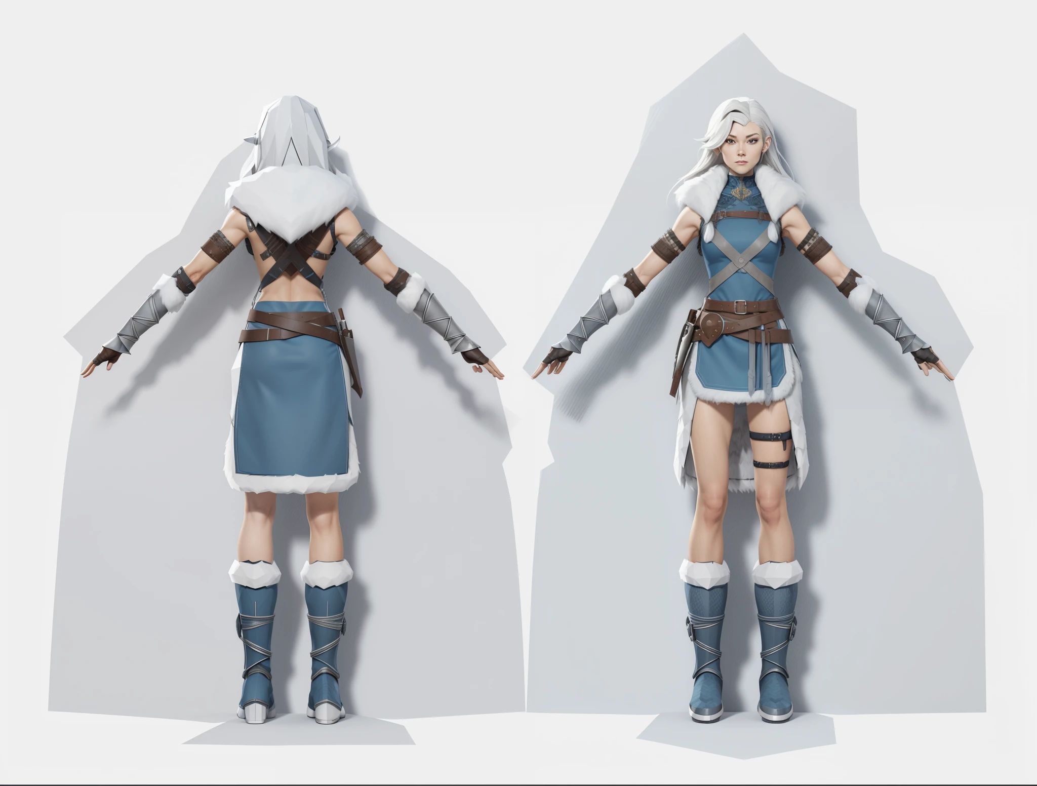 (Masterpiece, best quality: 1.2), (Super detailed), (Illustration),(HDR:1) a close up of a Viking woman warrior wearing armor and fur coat with rune tattoos , full body concept, detailed full body concept, Mulher guerreira viking com olhos azuis e cabelo loiro platinado, full body character concept,costume concept design, full body details, detailed full body concept art, full character body, character model sheet turnaround, fullbody shot turnaround, concept character sheet, full body concept art, reference model sheet , full body concept art, RPG style character, game character design, 3d character reference sheet, male, video game character concept, detailed character design, character sheet, character model sheet turnaround , front and back, front and back, grey clean background, 3D character, leather belt with leather knife bag, oceanblue cloth, blue hem with white fur, low poly art style, low polygon, ((low polygonal)), ((organic shapes and lines)), (((low poly art style))), perfect alignment, ((clear outline)), (((polygon skin texture)))