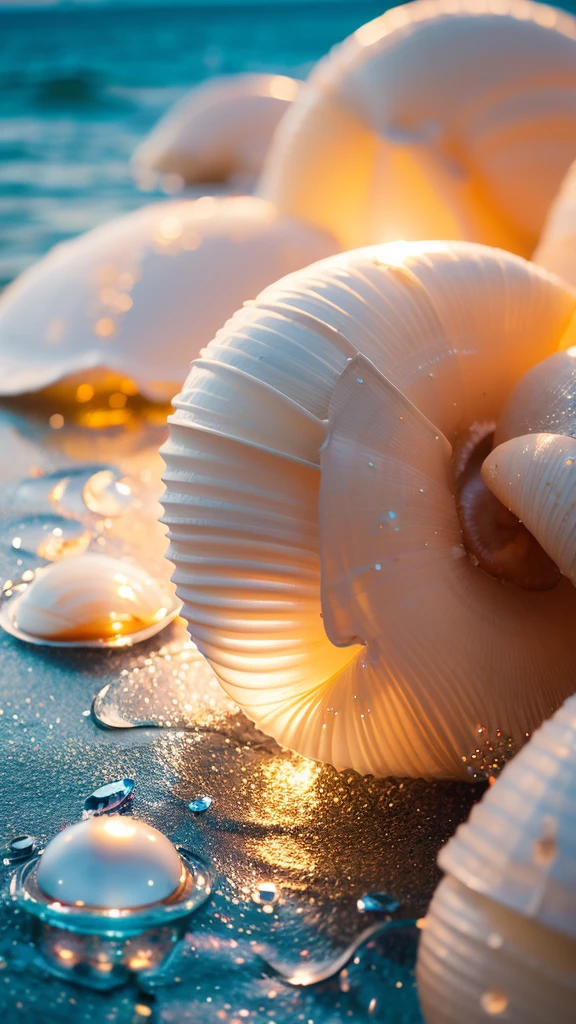 Summer Dream，Shells and crabs dreamy lights，The scattered water drops float in the air and sparkle in the sun，HD，Details，Best quality