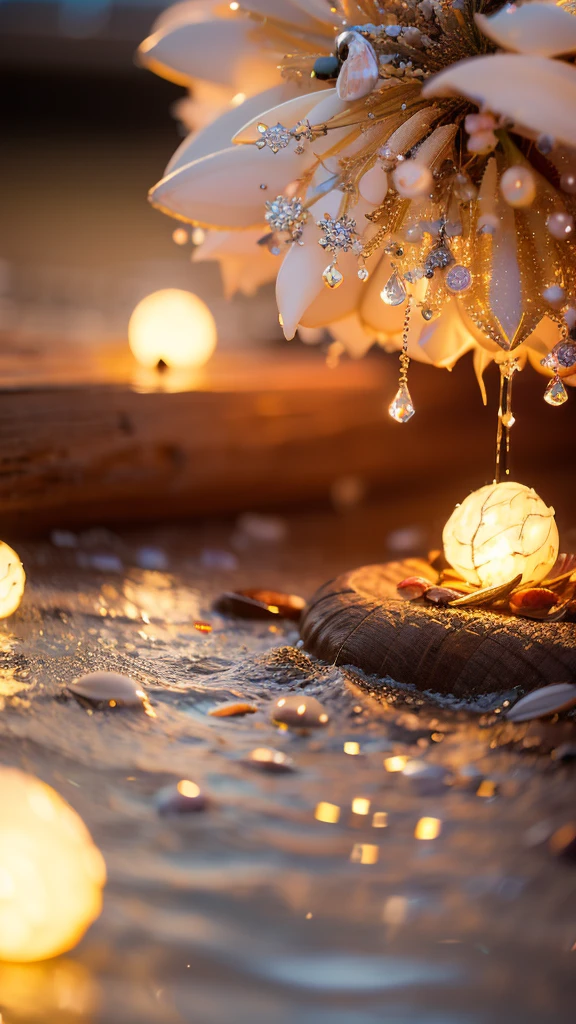Summer Dream,Shells and crabs dreamy lights,The scattered water drops float in the air and sparkle in the sun,HD,Details,Best quality