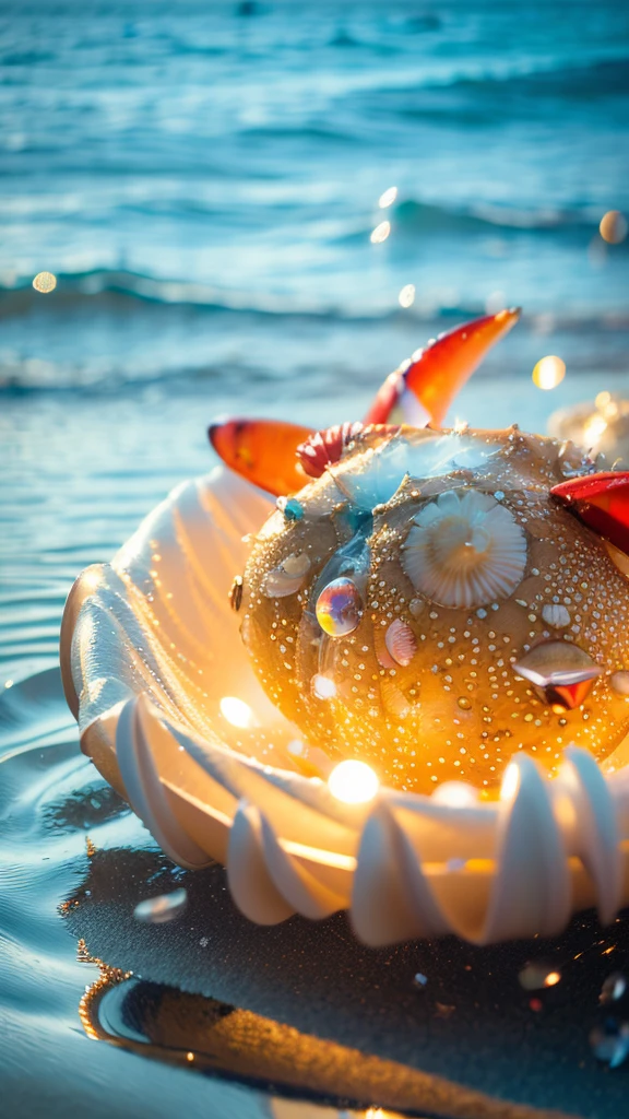 Summer Dream,Shells and crabs dreamy lights,The scattered water drops float in the air and sparkle in the sun,HD,Details,Best quality