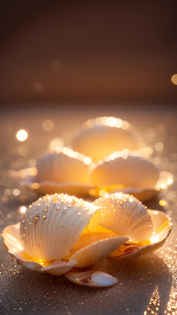 Summer Dream,Shells and crabs dreamy lights,The scattered water drops float in the air and sparkle in the sun,HD,Details,Best quality
