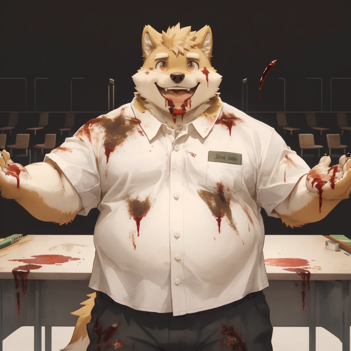 masterpiece, best quality, 8k resolution, Very detailed, hairy，Shiba Inu，(Black hair)，(((golden fur)))，(((Blood red eyes)))，Chubby，Chubby face，(((White shirt)))，(((Loose shirt)))，((Black pants))，(((For the audience)))，Highest quality scene，(((Solitary)))，(((solitary)))，portrait，((Hand drooping normally))，((night))，((There is blood on the face))，(((Facing the audience)))，(((The eyes are empty)))，(((Round face)))，(((Smiling evilly)))，(((Blood all over)))，(((Standing)))，(((classroom)))，(((dark)))