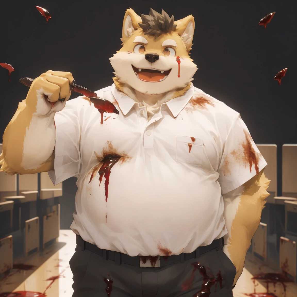 masterpiece, best quality, 8k resolution, Very detailed, hairy,Shiba Inu,(Black hair),(((golden fur))),(((Blood red eyes))),Chubby,Chubby face,(((White shirt))),(((Loose shirt))),((Black pants)),(((For the audience))),Highest quality scene,(((Solitary))),(((solitary))),portrait,((Hand drooping normally)),((night)),((There is blood on the face)),(((Facing the audience))),(((The eyes are empty))),(((Round face))),(((Smiling evilly))),(((Blood all over))),(((Standing))),(((classroom))),(((dark)))