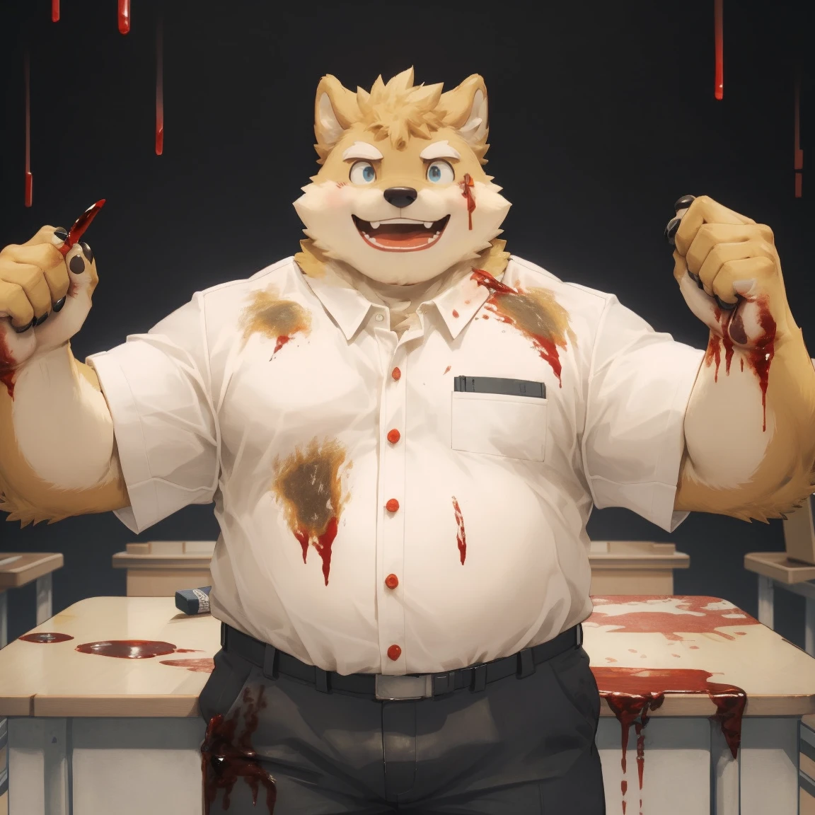 masterpiece, best quality, 8k resolution, Very detailed, hairy,Shiba Inu,(Black hair),(((golden fur))),(((Blood red eyes))),Chubby,Chubby face,(((White shirt))),(((Loose shirt))),((Black pants)),(((For the audience))),Highest quality scene,(((Solitary))),(((solitary))),portrait,((Hand drooping normally)),((night)),((There is blood on the face)),(((Facing the audience))),(((The eyes are empty))),(((Round face))),(((Smiling evilly))),(((Blood all over))),(((Standing))),(((classroom))),(((dark)))
