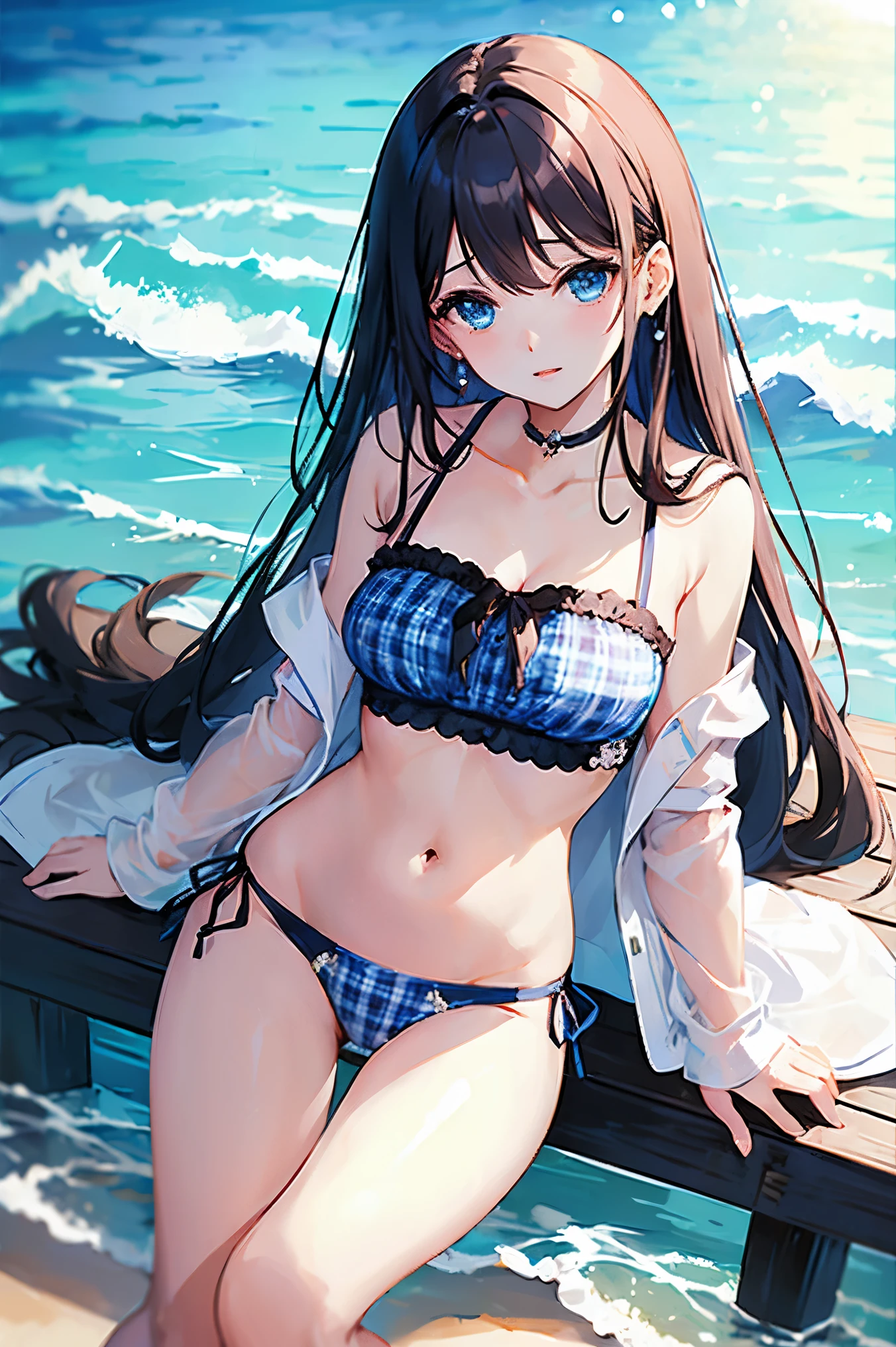 (((masterpiece、Highest quality、High resolution、sunlight、delicate)))Long black hair、Blue Eyes、coastal、Beach、Naughty look、White and blue plaid bra、White and blue plaid panties、Bend your legs、Woman's face、Hot Face、A slightly troubled look、Sweaty skin、blue sky、squat、Spread your legs、Underwear is visible、Embarrassing、Side Ponytail、Scrunchie