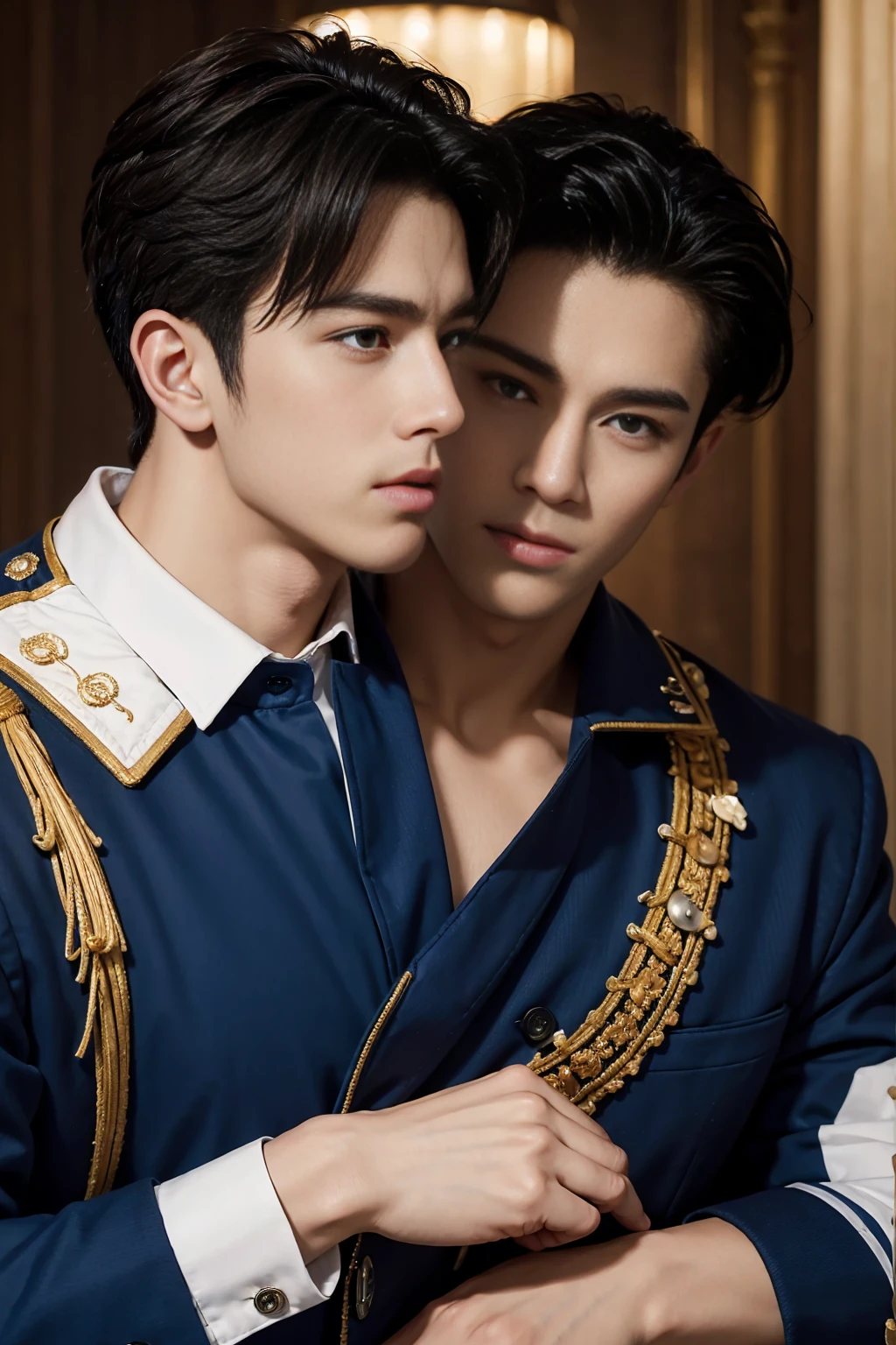 ((masterpiece)),((best quality)),8K,High Detail,Very detailed, Very manly,2 men, like,fashion pose, Real skin texture, Light,
Royal blue style couple