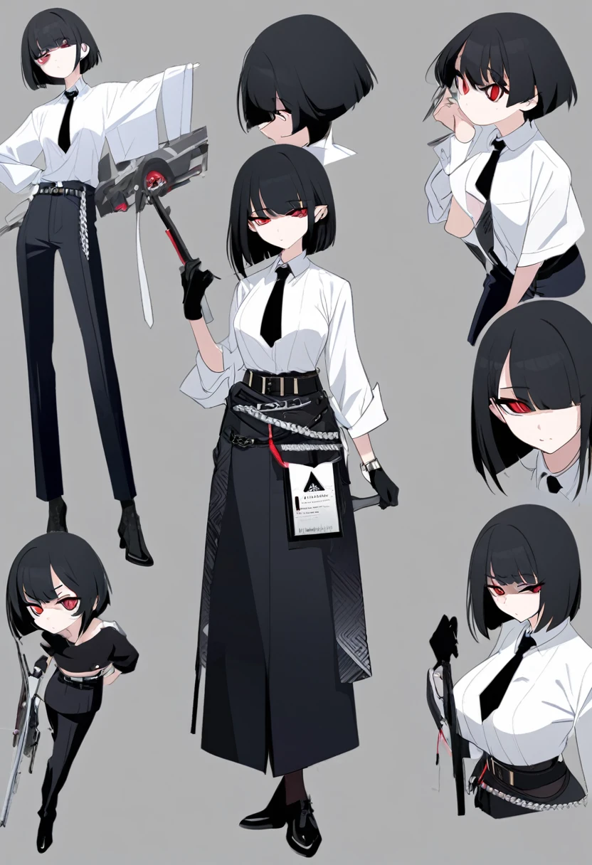 One woman,Dynamic,whole body,Are standing,mysterious,Concept Art,Character Design,Jet black straight hair,The bangs are trimmed to accentuate the eyes.,Well-proportioned face,Sharp Eyes,White shirt,Black tie,Black slacks,Silver cufflinks on the left hand,On the ring finger of her right hand she wears a simple silver ring.。Luxury watches,Black leather shoes,beltでウエストラインを強調,Arknights Wind,Stylish,Red eyes,belt,Stylish,Simple background gray,Details,Okabo Hair,Half-open eyes,Cool appearance,,Black gloves,Short Hair,Narrow eyes,