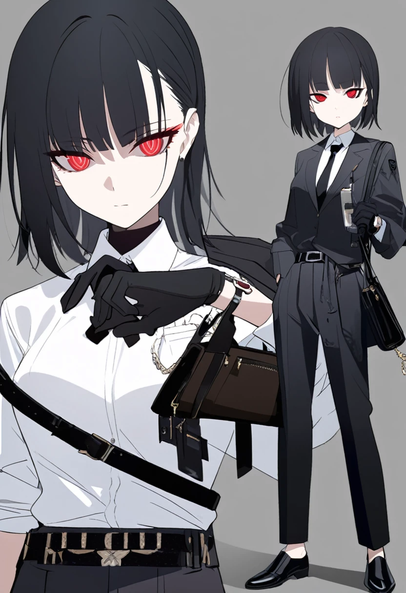One woman,Dynamic,whole body,Are standing,mysterious,Concept Art,Character Design,Jet black straight hair,The bangs are trimmed to accentuate the eyes.,Well-proportioned face,Sharp Eyes,White shirt,Black tie,Black slacks,Silver cufflinks on the left hand,On the ring finger of her right hand she wears a simple silver ring.。Luxury watches,Black leather shoes,beltでウエストラインを強調,Arknights Wind,Stylish,Red eyes,belt,Stylish,Simple background gray,Details,Okabo Hair,Half-open eyes,Cool appearance,,Black gloves,Short Hair,Narrow eyes,