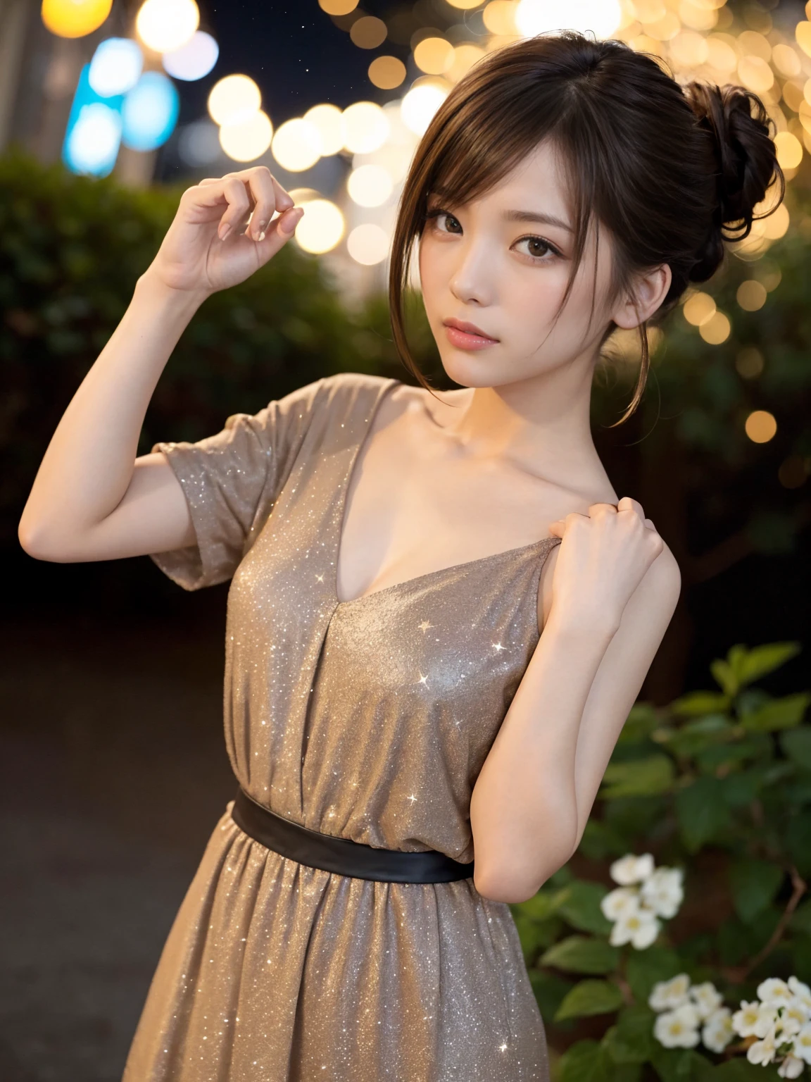 (One woman), hair up, short bob, 28 years old, Japanese, brown eyes, brown hair, slim figure, flat chest, Summer casual outfit
Blake
Look up at the stars at night. The tiny lights of the little stars are twinkling and twinkling.
