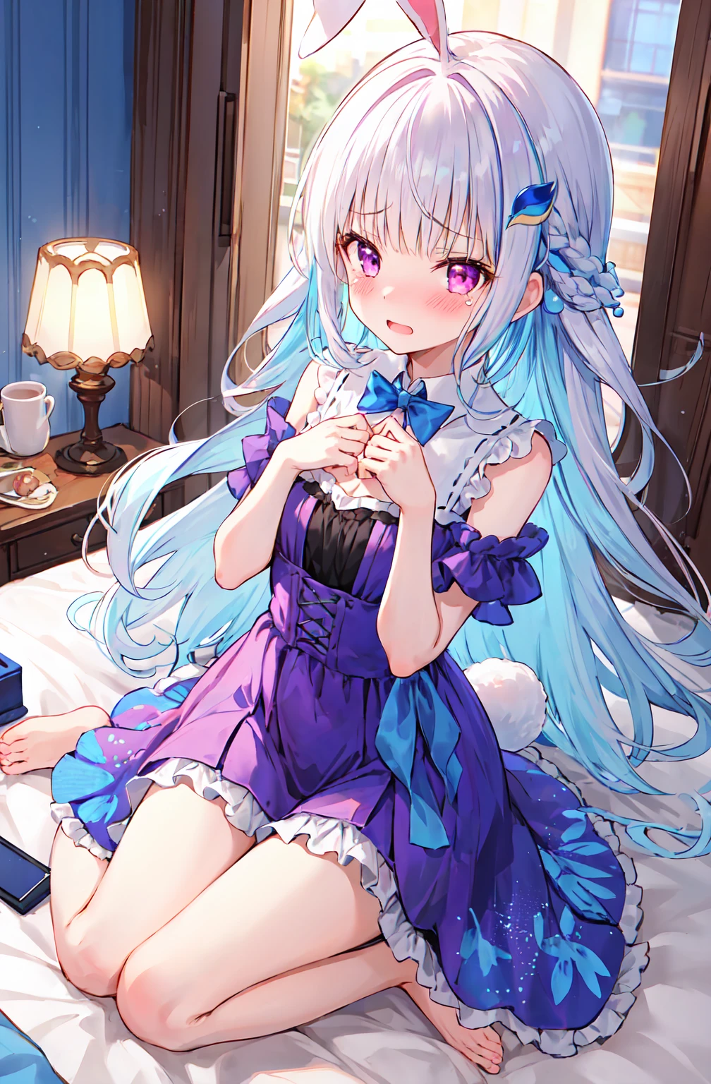 Girl with long hair, Gray Hair, (Blue inner hair:1.25) , Purple eyes, View your viewers, Blushing, Embarrassing, tears, (Embarrassing:1.2), ta Dress, indoor, Pink Bedroom, rabbit headband, slim, dizzy, Center of chest, Wide Hips, Perfect waist, Daytime atmosphere, hair ornaments, barefoot, Sitting, Kneeling pose