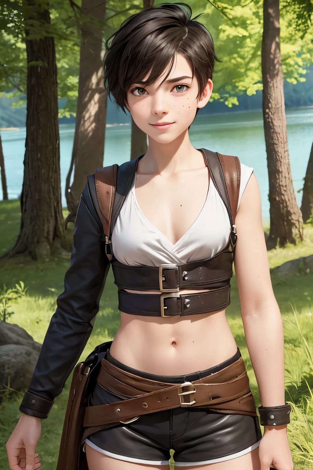 A happy young woman with an undercut in a fantasy setting. An adventurer and ranger. Very androgynous looking. In a good mood. Sympathic. Tomboyish. Androgynous. Slim body. Very . Very small breasts. Wide hips. Thick legs. Face: Extremly pale skin with liverspots and freckles. Soft narrow face with a round chin. Soft small jaw. Big forehead. Very thin barely visible eyebrows. Upturned big dark-brown eyes. Dark-brown eyecolour. Very long and wide nose. Big curved lips. Very short dark-brown hair. A boyish short haircut. Undercut. Sides shaved. A tight fantasy outfit of a lonley ranger and adventuerer. Background: Wide colourful plains. Green grass. A big lake. Shiny blue sky. Wonderful weather. Sense of wideness and freedom. 