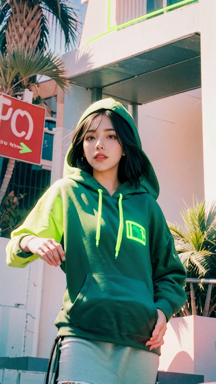 ((long shot photography)) ((best quality)), ((masterpiece)), (detailed),upper body,close-up, 8k, RAW photo,1 girl,smilie,real polaroid photo, beautiful, ultra-realisticdetail face light leak,dark intens shadow black bob hair, almond eye, no makeup, (((blank oversized green neon untucked hoodie))), peach color skirt, in front of ((80's architecture colorful mondrian motel)),(from below:1.2), (realistic:1.1), (surreal:1.2), (very detailed:1.1), ((masterpiece)),(sharp focus), ((real palm trees)),summer, blue sky,,sunny, los angles vibes