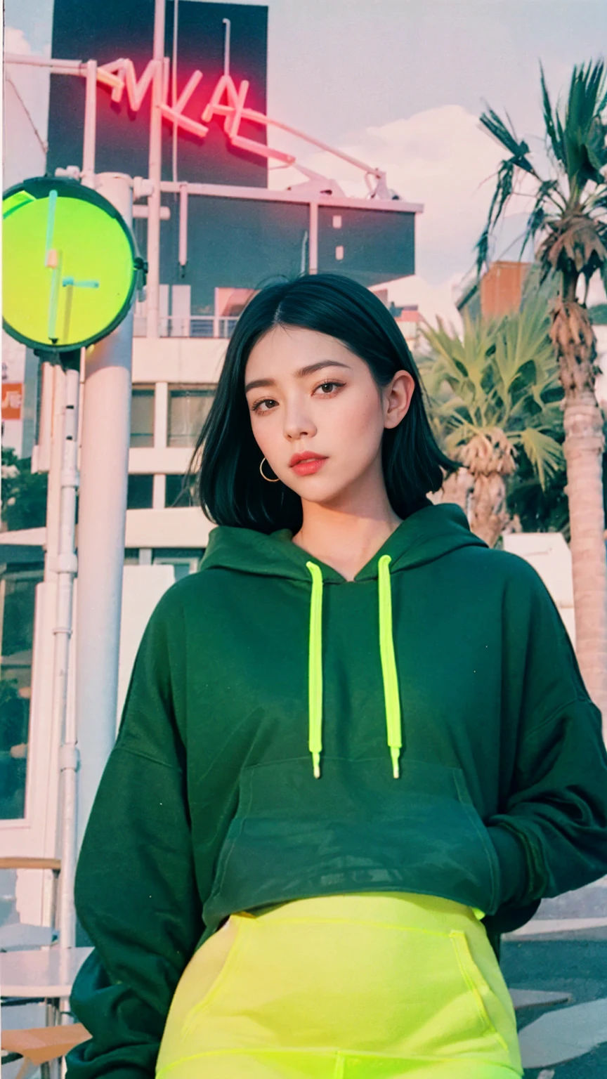 ((long shot photography)) ((best quality)), ((masterpiece)), (detailed),upper body,close-up, 8k, RAW photo,1 girl,smilie,real polaroid photo, beautiful, ultra-realisticdetail face light leak,dark intens shadow black bob hair, almond eye, no makeup, (((blank oversized green neon untucked hoodie))), peach color skirt, in front of ((80's architecture colorful mondrian motel)),(from below:1.2), (realistic:1.1), (surreal:1.2), (very detailed:1.1), ((masterpiece)),(sharp focus), ((real palm trees)),summer, blue sky,,sunny, los angles vibes