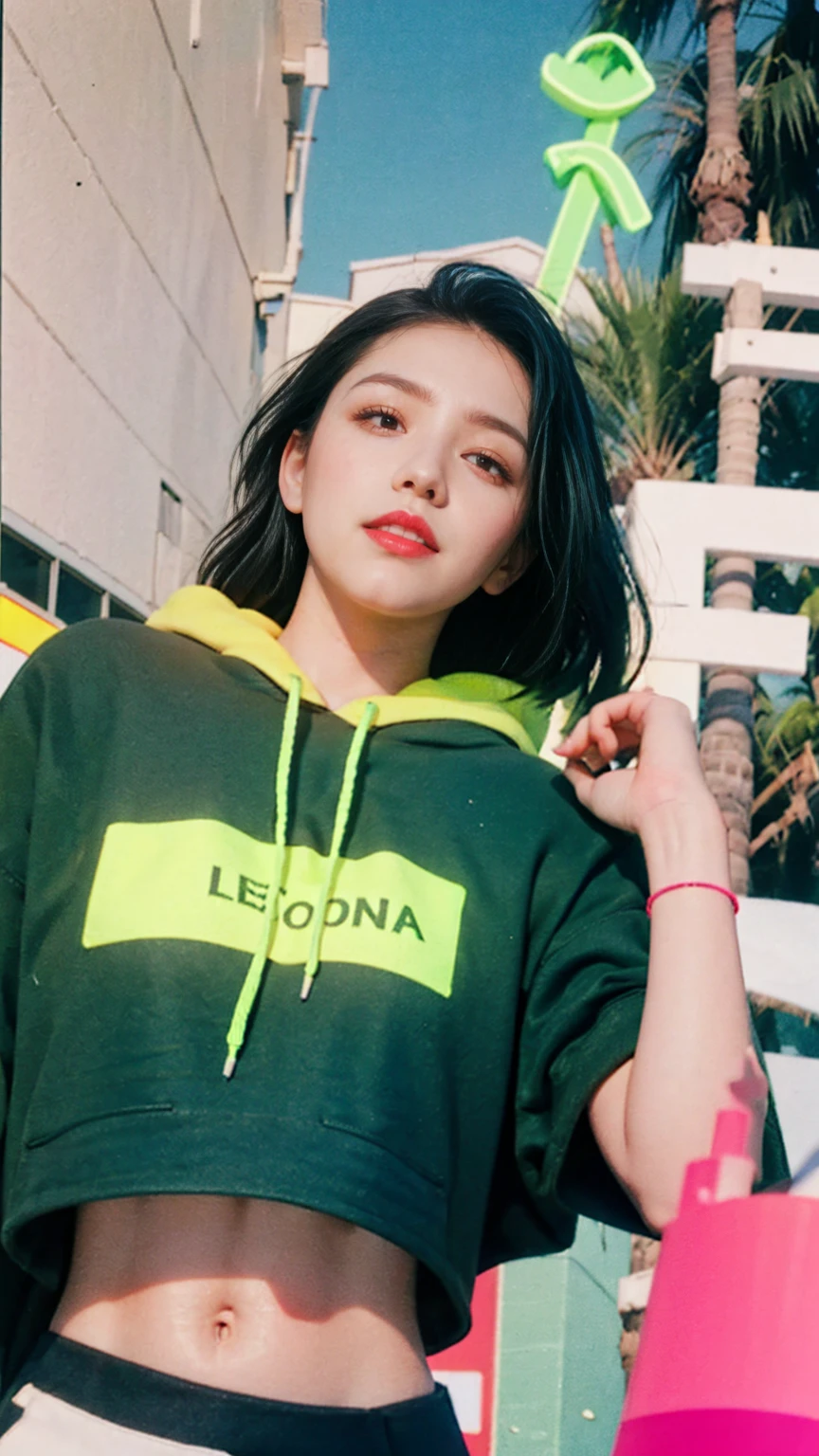 ((long shot photography)) ((best quality)), ((masterpiece)), (detailed),upper body,close-up, 8k, RAW photo,1 girl,smilie,real polaroid photo, beautiful, ultra-realisticdetail face light leak,dark intens shadow black bob hair, almond eye, no makeup, (((blank oversized green neon untucked hoodie))), peach color skirt, in front of ((80's architecture colorful mondrian motel)),(from below:1.2), (realistic:1.1), (surreal:1.2), (very detailed:1.1), ((masterpiece)),(sharp focus), ((real palm trees)),summer, blue sky,,sunny, los angles vibes