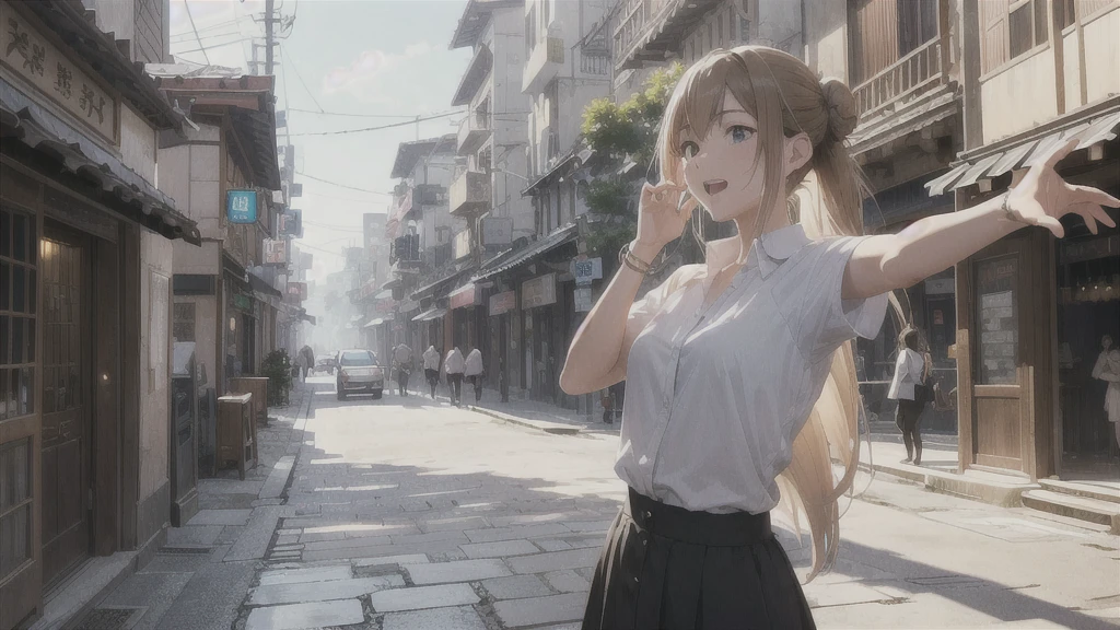 Streets of the ancient city of Nara、Time: noon( (masterpiece: 1,2), (masterpiece: 1,2), High Resolution, Ultra high definition, Highest quality, High resolution, Ultra-fine Illustration, Makoto Shinkai style, Your Name is Style, long hair、Bun Hair。Medium Short,Multiple women, Private Server, Laughter, big, Dynamic pose, Selfie, Upper Body