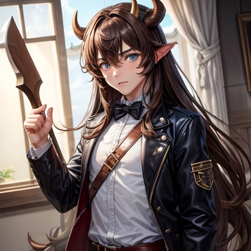 Brown Haired Minotaur Beautiful boy with blue eyes Cow horn Cow without ears Has a hand axe Long Hair crossdresser Wearing a jacket