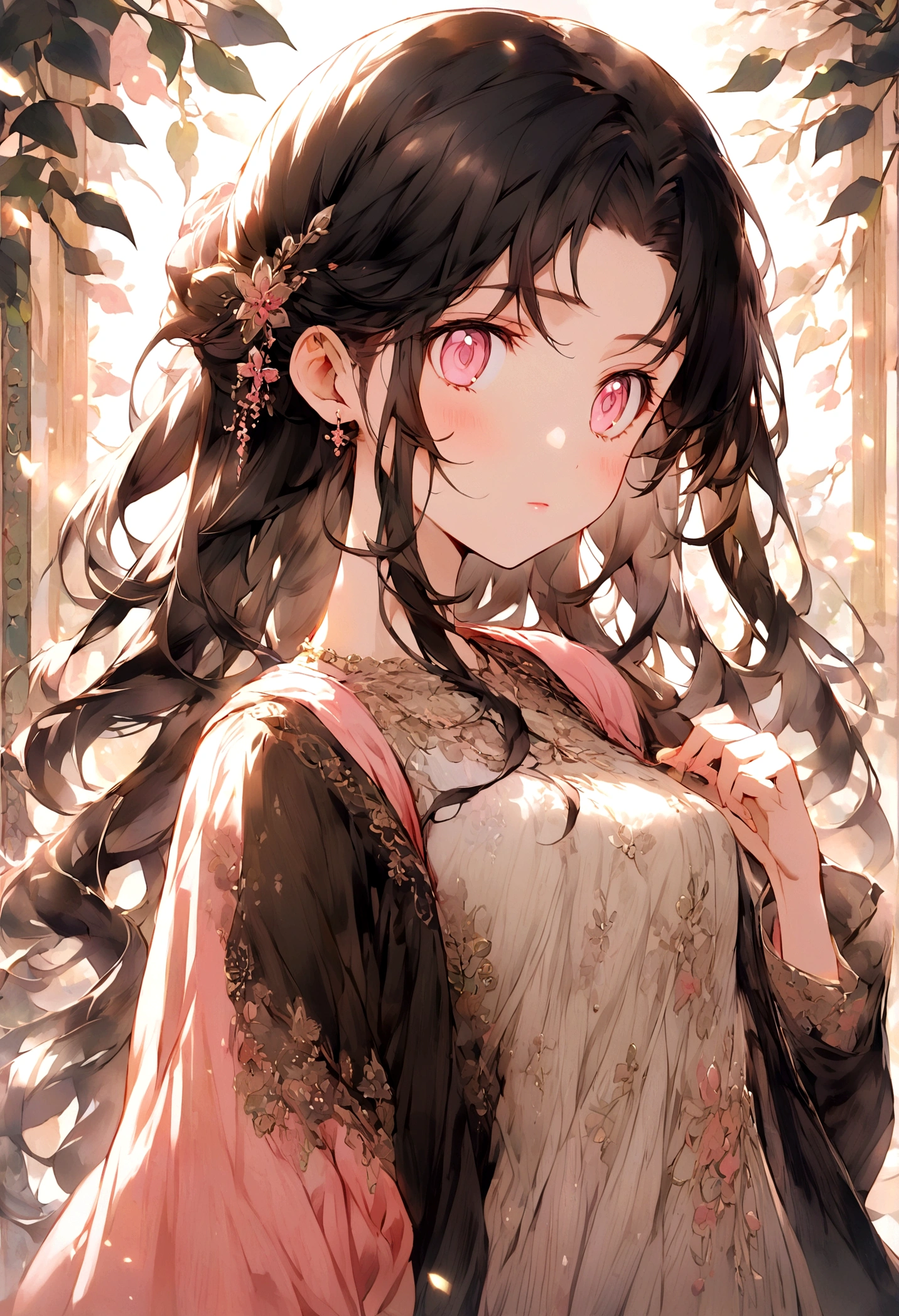 Anime girl,cute,Long black hair,pink eyes,Wear cool clothes 