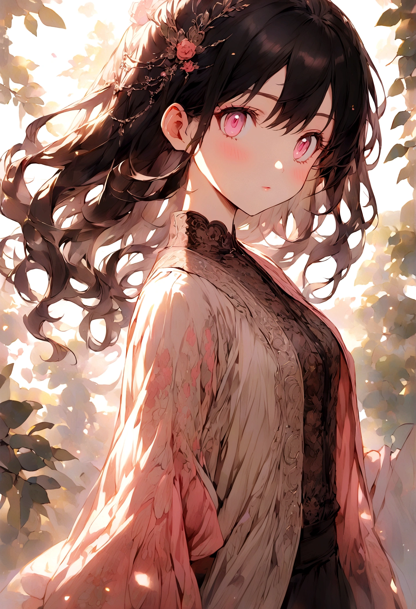 Anime girl,cute,Long black hair,pink eyes,Wear cool clothes 