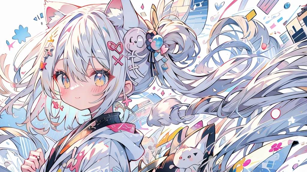 masutepiece、Masterpiece、high-level image quality、8K、kawaii(Twin-tailed、Twin tails at high)White hair、White eyes、snowy background、White coat、White muffler、White ears、smile, happy, 、((cat white ears))Furfur tail(The upper part of the body、)(((yuki))), psychogenic dream style, simple background, solo, sticker, striped