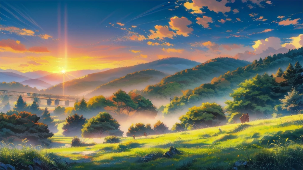 High quality, 4k, Sunset evening, Depict a train approaching through the picturesque Indian countryside, with vast green fields stretching out on either side. In the foreground, cattle graze peacefully, adding to the pastoral charm of the scene. The train, adorned with vibrant colors, contrasts beautifully against the serene landscape. The sky is a brilliant blue with scattered white clouds, and the distant horizon is lined with lush trees and rolling hills. The overall atmosphere is tranquil and idyllic, capturing the essence of rural India."