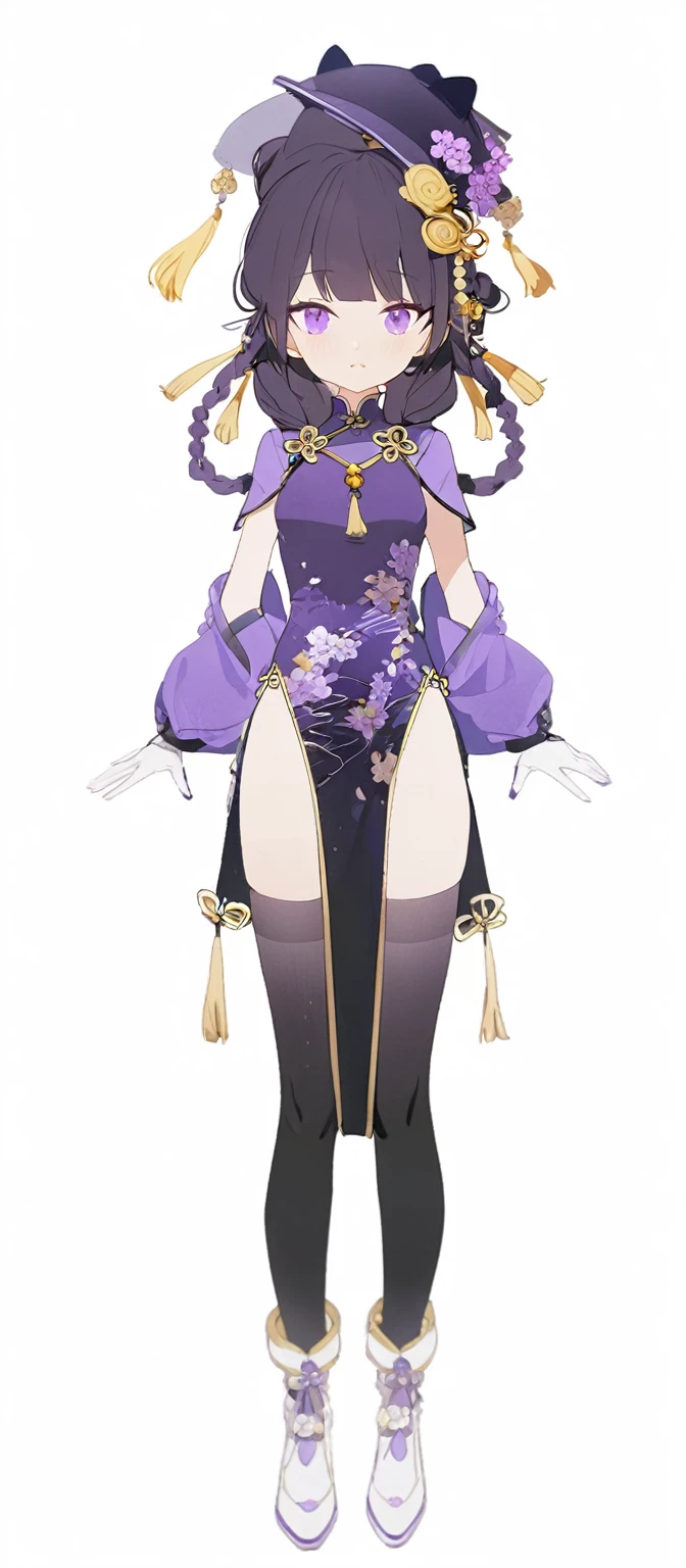 1 woman, traditional chinese dress, purple and black hat, Purple and black cheongsam,Black side braided hair, purple sleeves, black stockings, white shoes, yellow amulet,