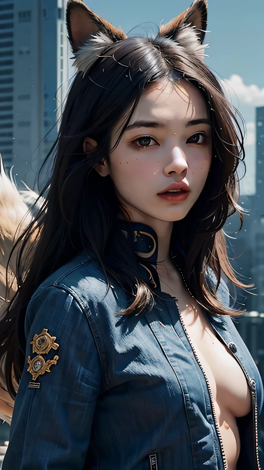 1girl, solo, official art, unity 8k wallpaper, ultra detailed, beautiful and aesthetic, masterpiece, best quality, photorealistic, (abstract background) (zentangle, mandala, tangle, entangle background:0.7) Kitsune, , haori blue jacket, foxfire spell, fox familiar, transformation, depth of field, Fantastical Atmosphere, the most beautiful form of chaos, elegant, a brutalist designed, flower of death, ecstasy of flower