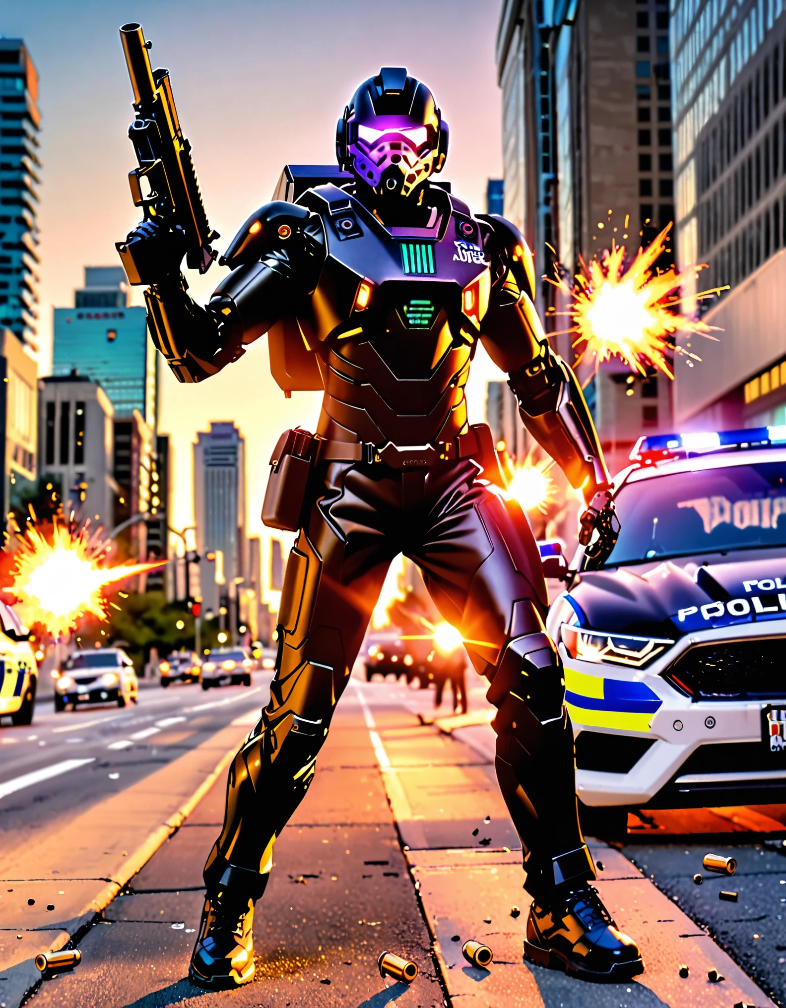 ((masterpiece, best quality, hires)), 1boy, male focus, solo focus, mature adult, age 30, canadian police officer, cyborg, muscular, (jet black cybernetic battle suit, glowing blue circle on chest), (black hair, dark purple eyes), (in front of a police car riddled with bullets), toronto city street backdrop, cowboy shot, sunset, excited look, ready for battle, front view, ((robot right arm with a machine gun mounted on the arm, muzzle flash, shell casings coming from gun)), full body with costume.