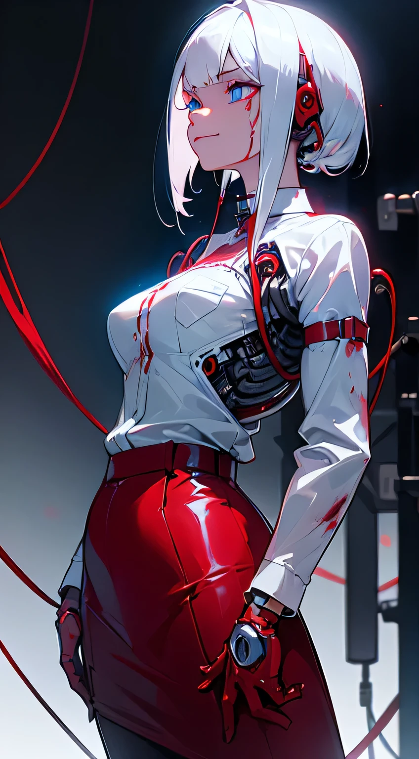 a cyborg lady, (cybernetic jaw), mechanical parts, white shirt,  red latex skirt, metal skin, (glowing blue eyes), cables, wires, white hair, 
BloodOnScreen, blood splatter,