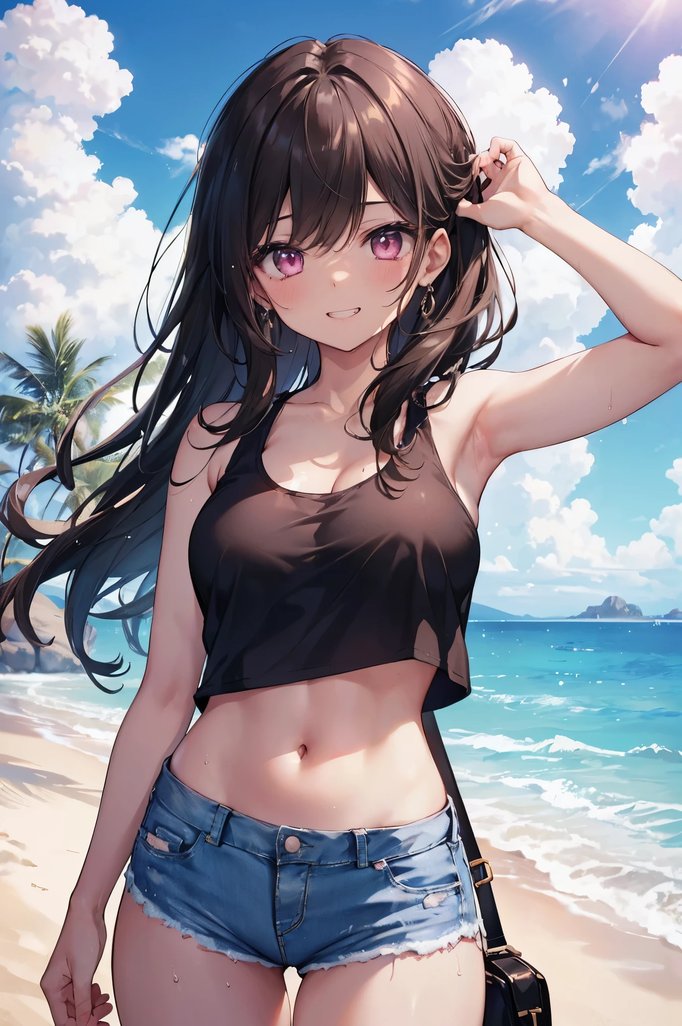 (8K、Highest quality、Highest quality、masterpiece)、Detailed face、One Girl、 
(Brown Skin:1.2)、Black Hair、Long Hair、
Pink Eyes、Sweat、Grin、
(White tank top、Denim hot shorts、Mini Shorts、Cameltoe)、
Beach、cloud、
belly button、Big Breasts、