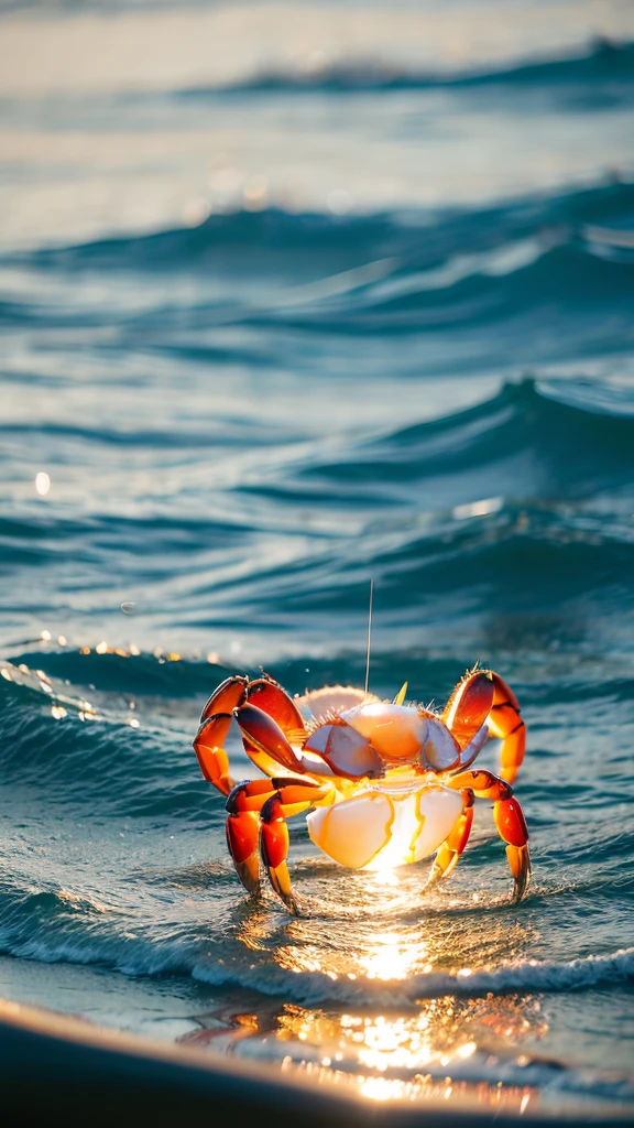 Summer Dream,Transparent crab,Dreamy lighting,The scattered water drops float in the air and sparkle in the sun,HD,Details,The best quality is waiting to start
