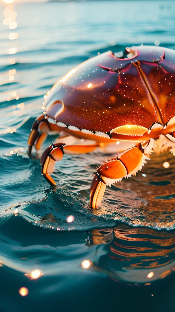 Summer Dream,Transparent crab,Dreamy lighting,The scattered water drops float in the air and sparkle in the sun,HD,Details,The best quality is waiting to start