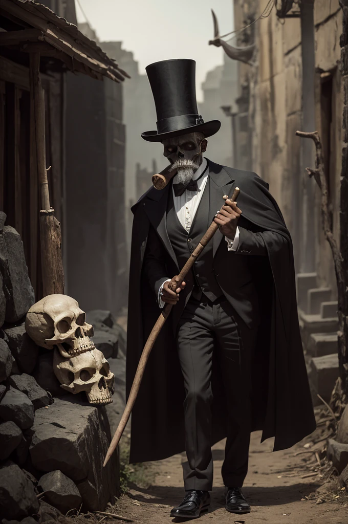 Skull of an old man in a cape and top hat among tombs holding a scythe in his right hand, he smokes a cigar and there is a black goat by his side