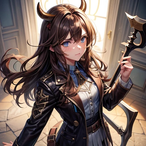 Brown haired Minotaur Blue-eyed beautiful boy Cow horn Cow earless Have a battle axe long hair Crossdresser Wearing a jacket
